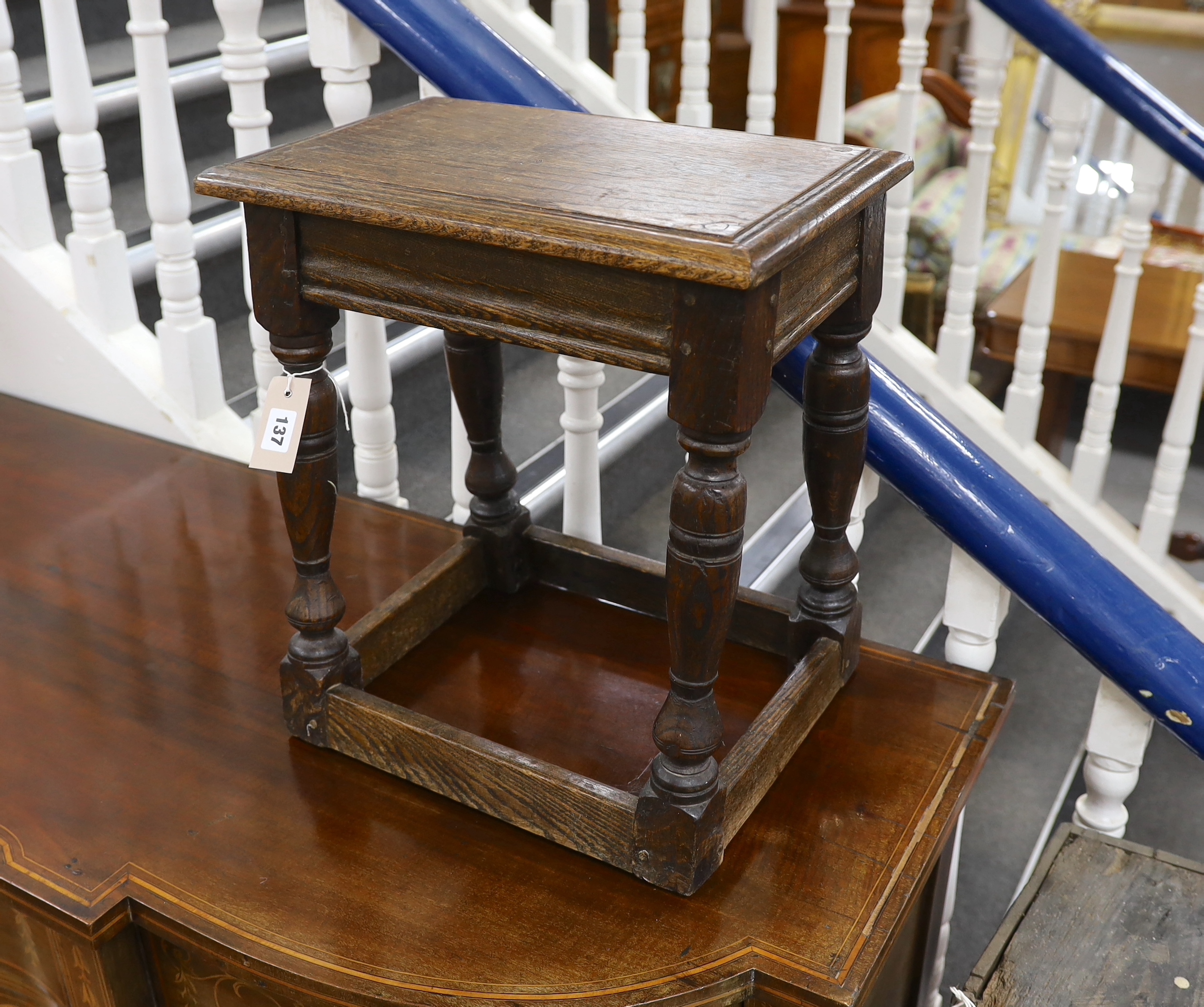 An 18th century style oak joint stool, width 42cm, depth 28cm, height 47cm